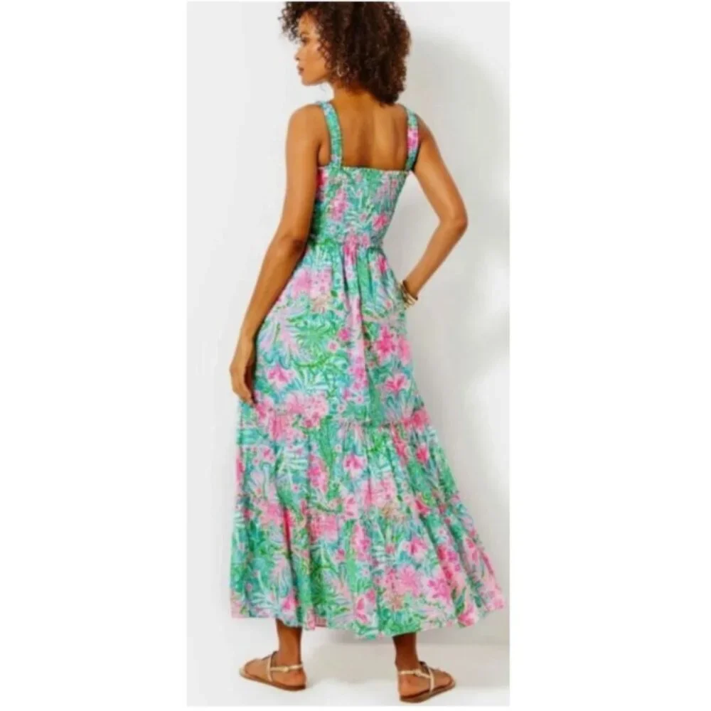 Lilly Pulitzer Hadley Smocked Midi Dress Medium Amalfi Blue Leaf It Wild NWT - Picture 2 of 15